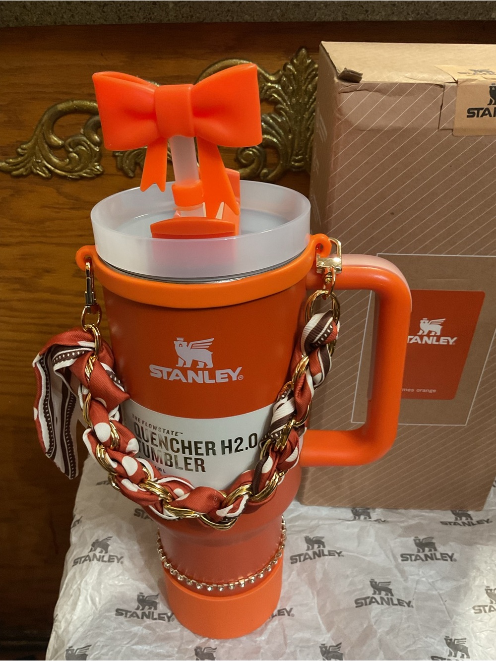 Stanley Orange Insulated Quencher-Style Tumbler with Decorative Chain